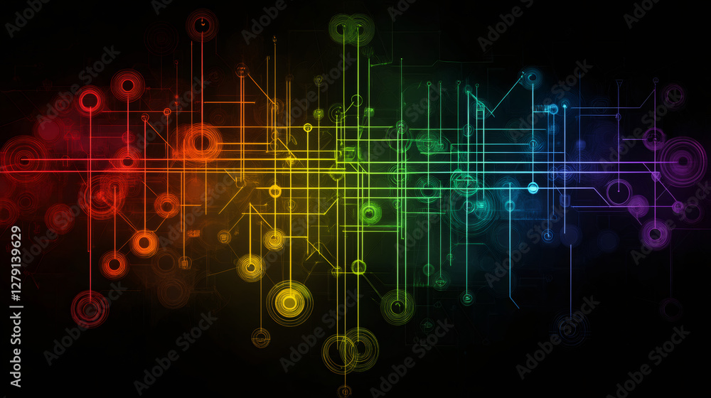 Aufkleber Rainbow colored circles and lines create a network on a dark background, symbolizing technology, connection, and innovation