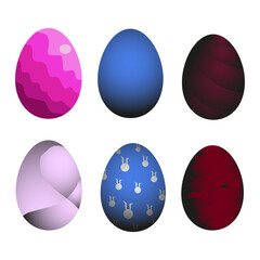 Set of six Easter eggs. Easter set of pink, dark blue, burgundy, light purple, dark red colors