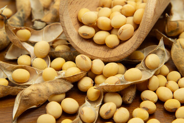 Close de uma concha de madeira cheia de gr&atilde;os de soja e v&aacute;rios feij&otilde;es espalhados sobre uma mesa de madeira.