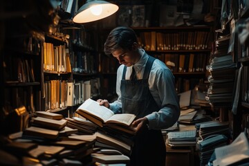 Man sitting in a dimly lit library surrounded by old books