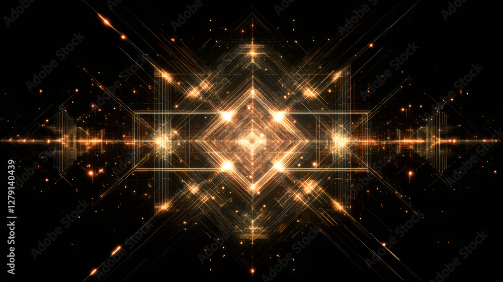 Poster luminous golden geometric fractal radiating light beams, sparkling particles dancing against dark ba