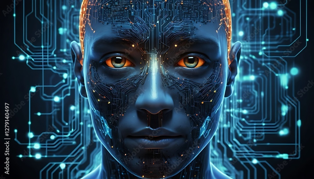 Aufkleber artificial intelligence concept, robotic face with glowing circuits and lines
