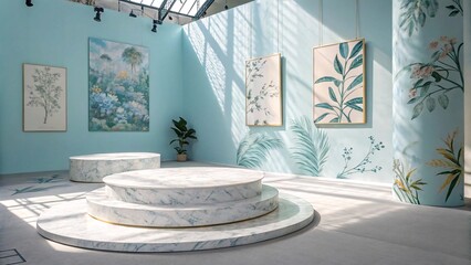 Minimalist Blue Interior with Marble Platforms and Botanical Art