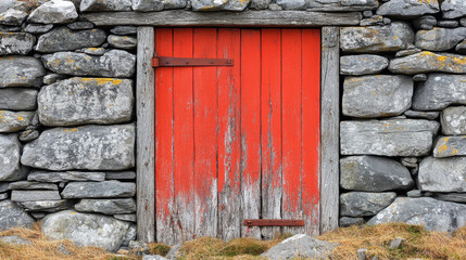 rustic red wooden door set against stone wall, showcasing weathered textures and natural elements
