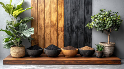 Stylish display of potted plants and bowls of soil on wooden shelf