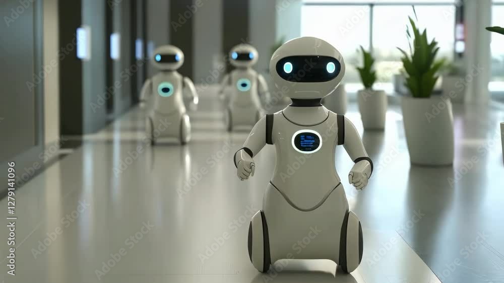 Poster small robots navigate a stylish office corridor autonomously, showcasing innovative technology in a 