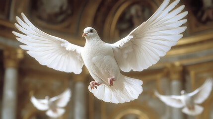 white dove in flight with outstretched wings, symbolizing peace and freedom