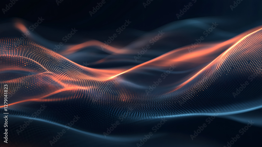 Aufkleber Abstract orange and blue digital wave particles are flowing on dark background, creating a futuristic and technological landscape