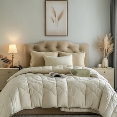 there is a bed with a white comforter and a brown pillow