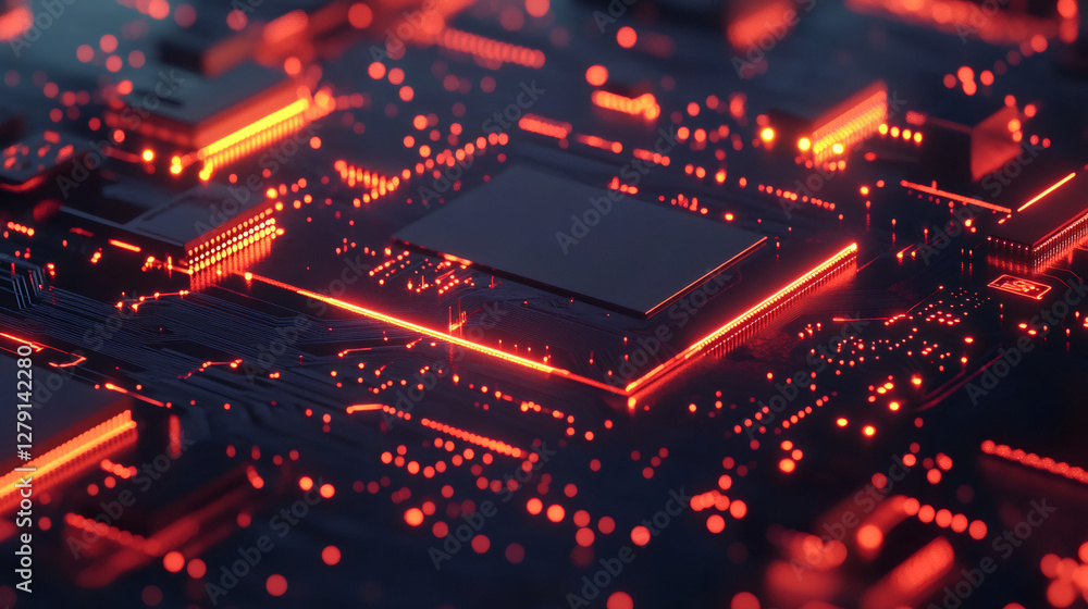 Poster close-up of a futuristic motherboard with glowing red lights, symbolizing data processing and advanc