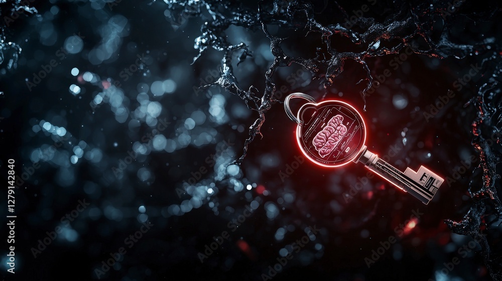 Fototapete Futuristic glowing key unlocking secure holographic data in virtual space digital art high-tech environment