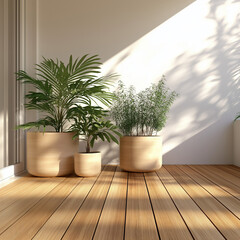 Potted plants in a sunlit minimalist indoor space