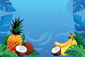 Design a vibrant vector banner showcasing a ripe pineapple,  featuring tropical leaves and a summery color palette.  Suitable for website or social media use.