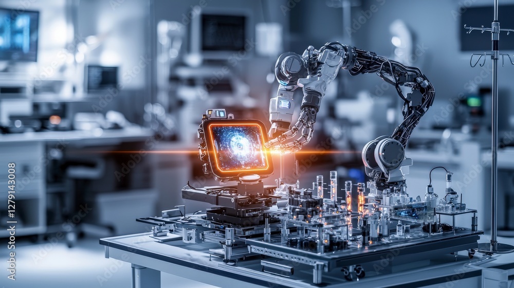 Poster Futuristic robotic assistant prepares holographic display in high-tech lab environment innovative design concept