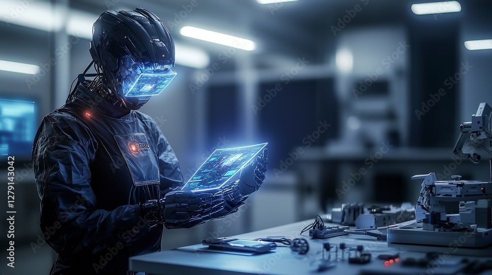 Aufkleber Futuristic robotic assistant prepares holographic tech showcase in high-tech laboratory environment