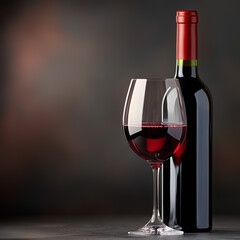 Bottle of wine and glass with red wine on dark background