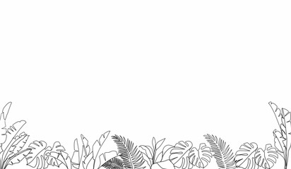 Tropical leaf line art wallpaper background vector. Design of natural Monstera leaves and banana leaves in a minimalist linear outline style. Design for print, cover, banner, decoration.