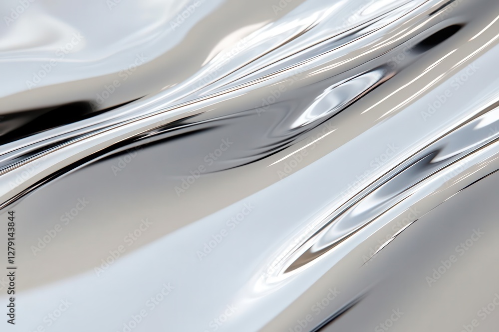 Poster chrome reflections on a curved surface, distorted abstract effect with a futuristic twist.