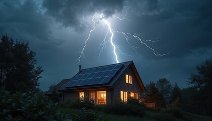 Dramatic thunderstorm with lightning over house equipped with solar panels. Renewable energy home on stormy night. Sustainable photovoltaic tech for residential rooftop. Eco electricity alternative