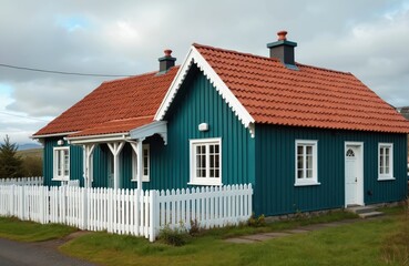 Obraz premium Traditional colourful wooden house from Iceland with red tile roof, white fence. Icelandic architecture old home design. Scenic Scandinavian rural exterior with nature, grass, cloudy sky. Typical