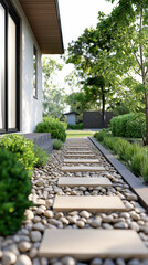 Obraz premium Modern garden pathway with stone and greenery