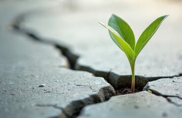 Sprout grows through crack in concrete slab surface. New green life makes its way in urban environment. Concept of resilience, strength, determination, hope, growth, overcoming adversity.