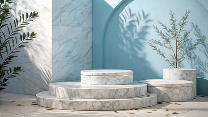 Minimalist Outdoor Scene with Tiered Marble Platforms and Potted Plants