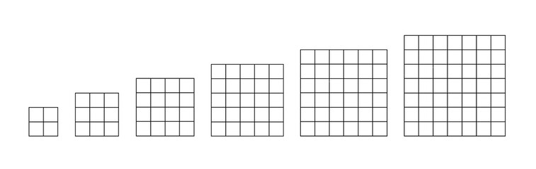 Cube Illustration Showing Progressive Complexity. 2 x 2, 3 x 3, 4 x 4, 5 x 5, 6 x 6, 7 x 7
