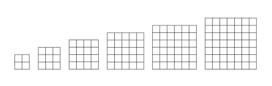 Cube Illustration Showing Progressive Complexity. 2 x 2, 3 x 3, 4 x 4, 5 x 5, 6 x 6, 7 x 7