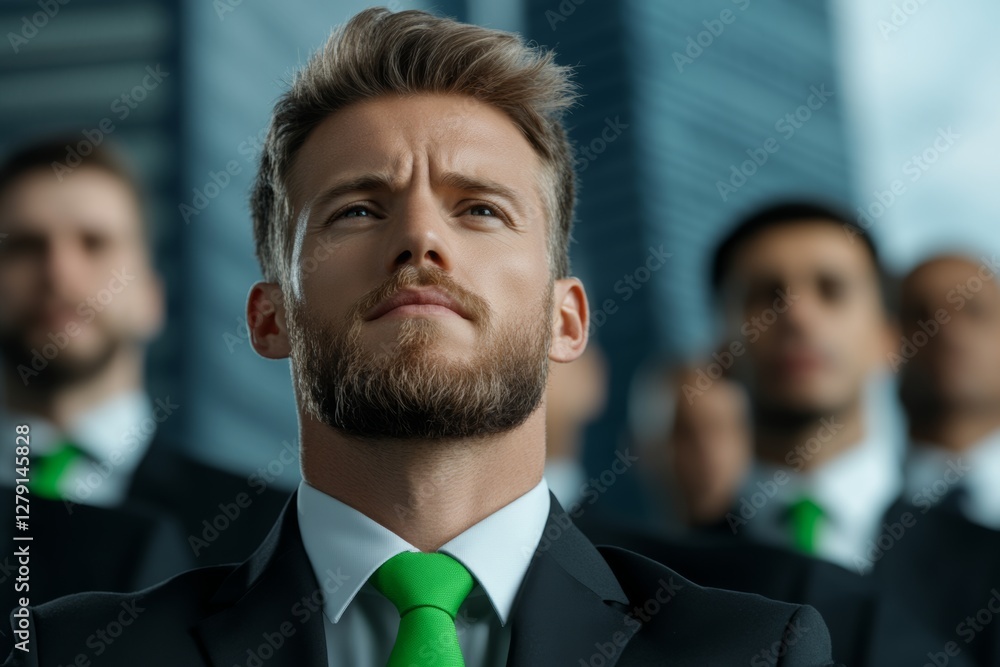 Poster man with a green tie stands in front of a group of men in suits. the man with the green tie is looki