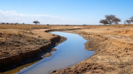 Water shortage problem drying lake in the deserted area with rare trees