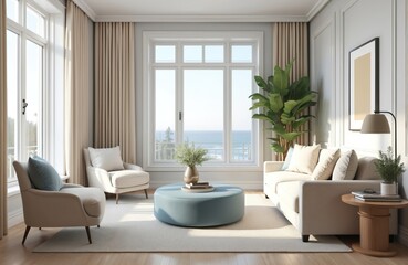 Fototapeta premium Living room 3d render illustration in Hampton style in pastel colors. Home interior with sofa, chairs and houseplant. Big window with sea view. Comfortable apartment design.