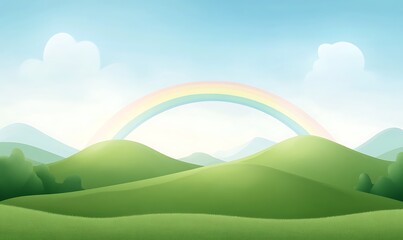 Obraz premium A vibrant cartoon image of rolling green hills and a bright rainbow, perfect for cheerful designs and illustrations.