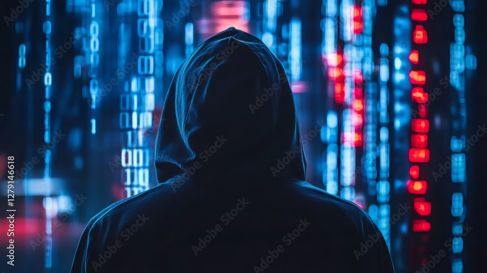 Poster hooded cybercriminal working near multiple computer monitors displaying binary data, digital threat 