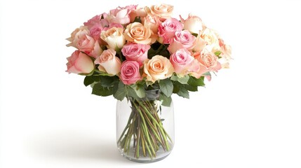 Fototapeta premium A Beautiful Bouquet of Pink and Peach Roses in Glass Vase