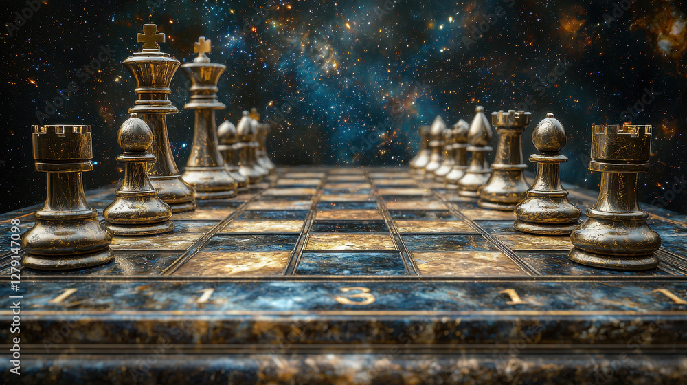 Poster celestial chess game unfolds between ancient gods in the infinite cosmos while pieces move with a li