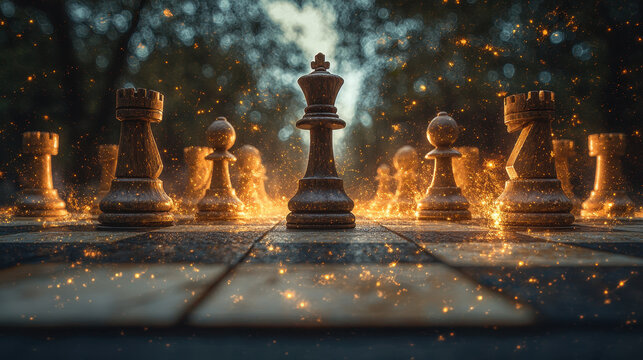 Celestial chess game unfolds in infinite cosmos with self-moving pieces and swirling cosmic dust capturing the elegance of divine strategy