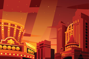 Create a vibrant vector illustration of a casino night scene, showcasing a roulette wheel in dynamic action.  Include playing cards, chips, and celebratory elements.