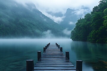 Obraz premium Misty Mountain Lake Pier on a Calm Morning