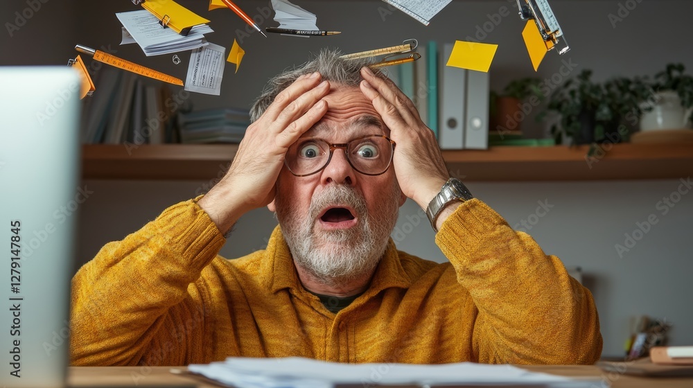 Aufkleber man in a yellow sweater is looking at a computer screen with papers flying around him. he is in a st
