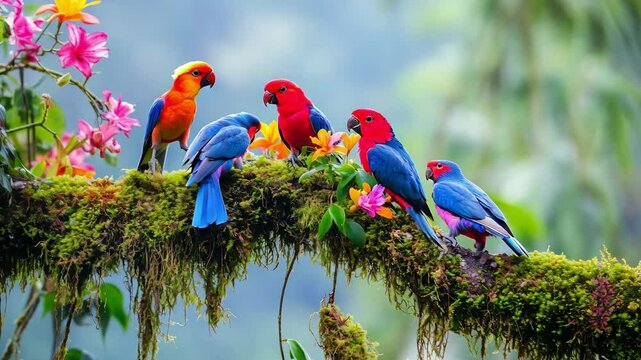 Five parrots interact on a branch adorned with flowers in a tropical setting filled with green foliage