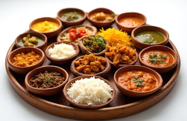 Top view of traditional Indian dish Dham served on a wooden plate in clay bowls. Rice, soup, curry and other assorted dishes, sweet and spicey. Healthy vegetarian meal.