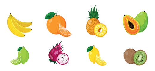 Collection of tropical fruits on white background. Cartoon style design. Flat illustration. Set of fruits: banana, orange, pineapple, papaya, lime, dragon fruit, lemon, kiwi. Vector illustration. 