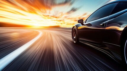 Fast Car Speeding on Asphalt Road at Sunset