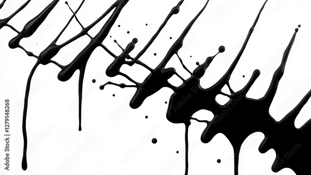 Poster black paint drips creating an abstract pattern on a white background