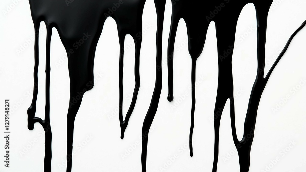 Poster black paint drips creating an abstract pattern on a white background