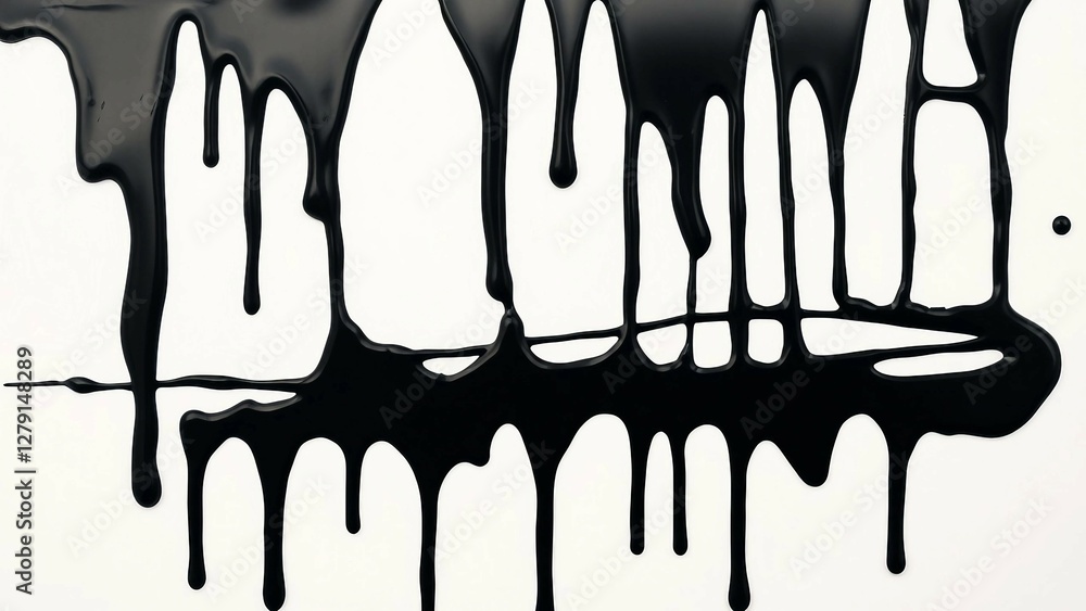 Poster black paint drips creating an abstract pattern on a white background