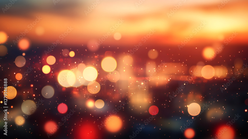 Poster soft bokeh circles glimmering over golden sunset horizon, merging warm hues into luminous, ethereal 