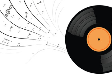 A vibrant vinyl record spins, emanating musical notes that flow outwards in a dynamic swirl of color.  High-resolution, detailed image.