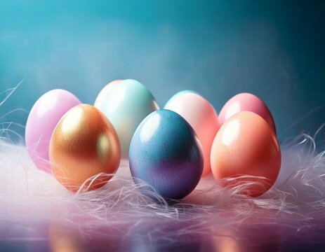 Elegant minimalist Easter composition featuring delicately colored eggs with a pearlescent finish. Soft lighting and subtle cherry blossoms create a refined and serene atmosphere.